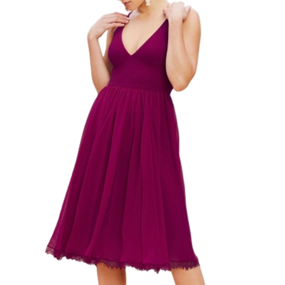 NWT Dress the Population Alicia Mixed Media Dark Magenta Midi Dress - Sz S